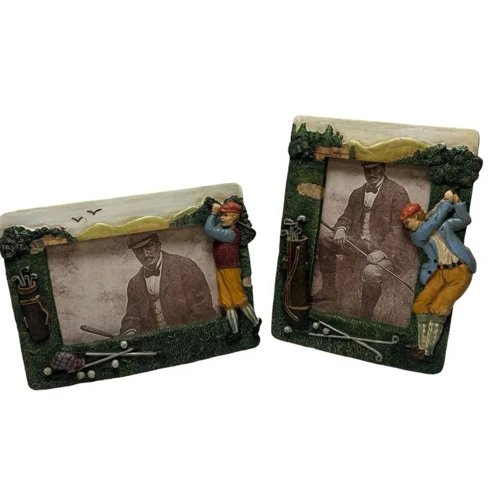 Vintage 3D Resin Golfer Tabletop Photo Frames Set of 2